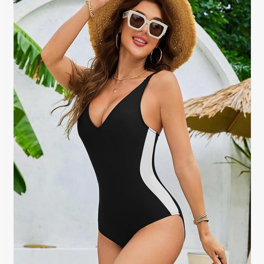 Amazon Black and White One Piece Swimsuit with V-Neck
